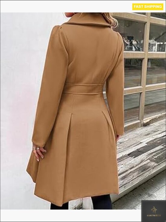 Double Breasted Wool Blend Pea Coat Notch Lapel A-Line Flared Elegant Classic - Picture 4 of 5